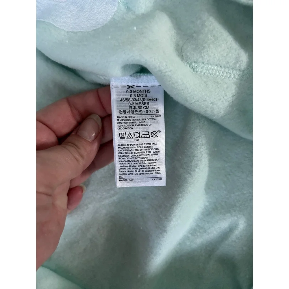 Gap Baby Mint Green Bear Ear Hooded Fleece Romper Zip Up 0-3 Months